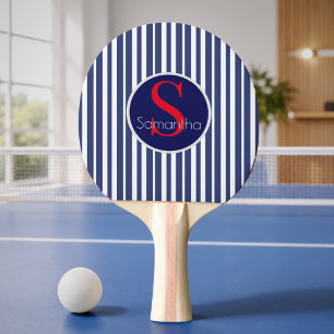 Raquette De Ping Pong Monogramme initial à rayures bleu marine rouge élé