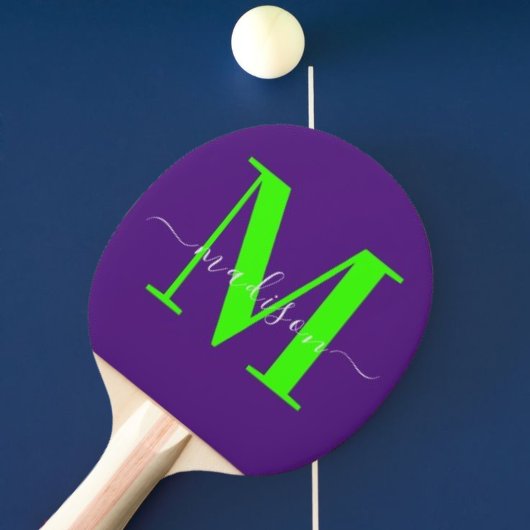 Raquette De Ping Pong Monogramme initial unique violet et vert néon gras