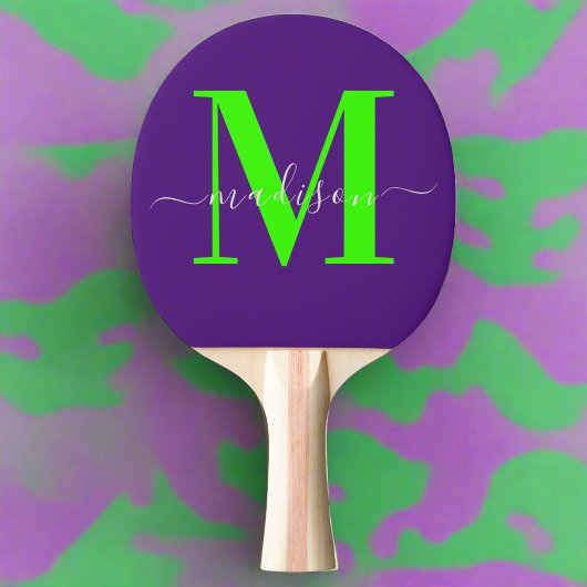 Raquette De Ping Pong Monogramme initial unique violet et vert néon gras