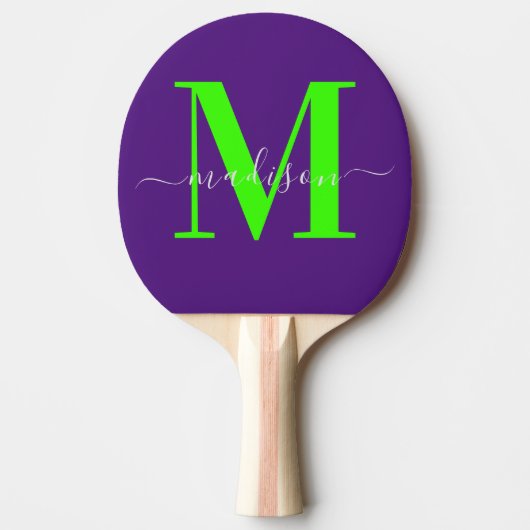 Raquette De Ping Pong Monogramme initial unique violet et vert néon gras (Devant)