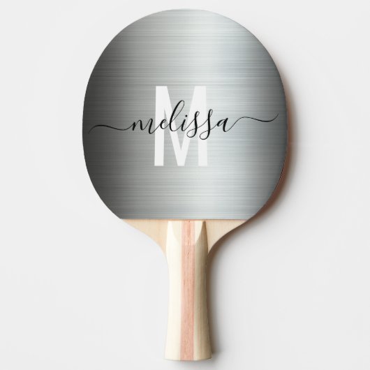 Raquette De Ping Pong Monogramme métallique argenté brossé script manusc (Devant)