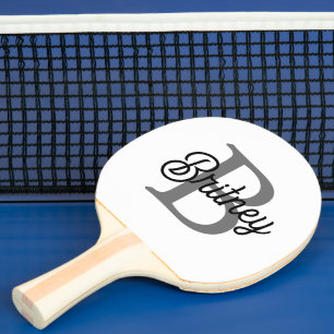 Raquette De Ping Pong Monogramme moderne élégant Nom noir Gris noir Scri