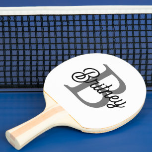 Raquette De Ping Pong Monogramme moderne élégant Nom noir Gris noir Scri
