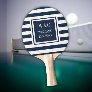 Raquette De Ping Pong Monogramme personnalisé Marine Bleu Bleu Blancs