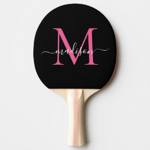 Raquette De Ping Pong Monogramme rose noir moderne Nom élégant du script