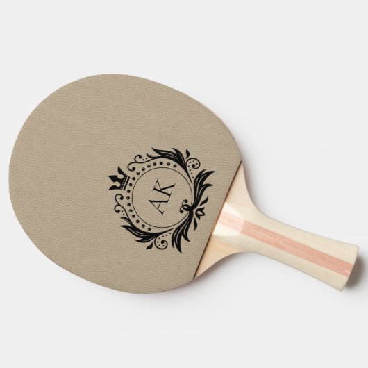 Raquette De Ping Pong Monogramme simple en cuir beige Couronne noire (Côté)
