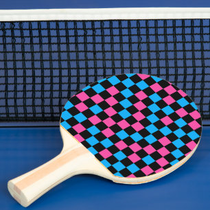Raquette De Ping Pong Motif à carreaux bleu rose et noir