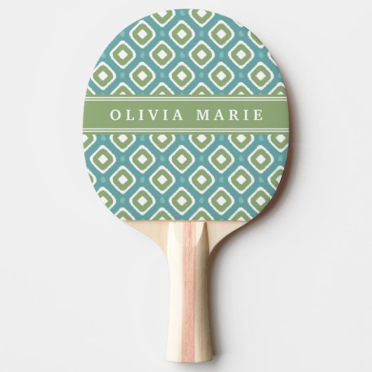 Raquette De Ping Pong Motif bleu vert Ikat Mod avec nom (Devant)