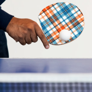 Raquette De Ping Pong Motif carreaux tartan bleu orange blanc