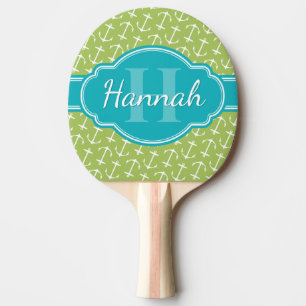 Raquette De Ping Pong Motif d'Ancre blanc vert Turquoise Monogramme
