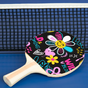 Raquette De Ping Pong Motif de graffiti de fleur smiley coloré