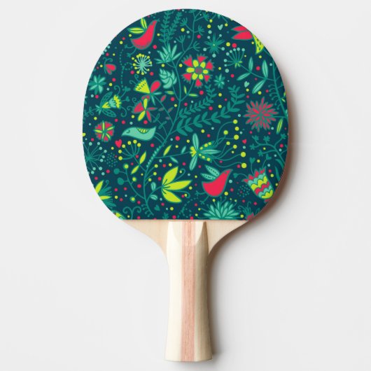 Raquette De Ping Pong Motif floral avec des oiseaux de bande dessinée (Devant)