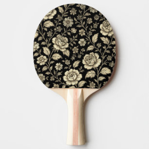 Raquette De Ping Pong Motif floral de rose dorée vintage sur fond noir