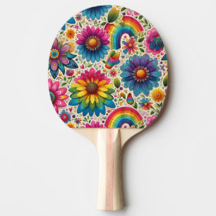 Raquette De Ping Pong Motif floral hippie rétro arc-en-ciel