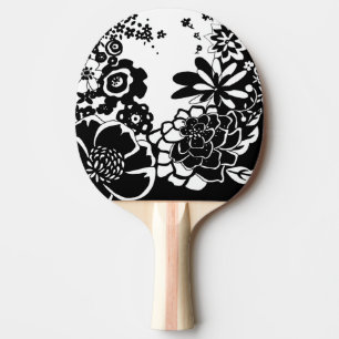 Raquette De Ping Pong Motif graphique de jardin floral noir et blanc