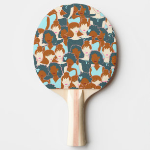 Raquette De Ping Pong Motif sans couture avec filles noires et blanches