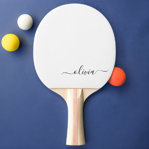 Raquette De Ping Pong Noir Blanc moderne Script Girl Monogramme Nom