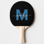 Raquette De Ping Pong Noir Bleu Élégant Nom de script Monogramme (Devant)