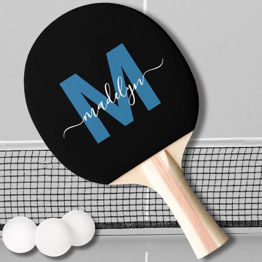 Raquette De Ping Pong Noir Bleu Élégant Nom de script Monogramme