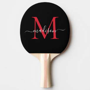 Raquette De Ping Pong Noir Bourgogne Rouge Monogramme Élégant Nom du scr