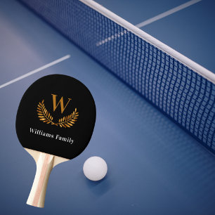 Raquette De Ping Pong Noir or Famille monogramme nom laurier couronne