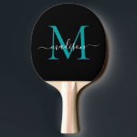 Raquette De Ping Pong Noir Turquoise Monogramme vert Élégant Nom de scri<br><div class="desc">Monogramme Turquoise moderne noir élégant Nom de script Ping Pong Paddle</div>