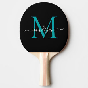 Raquette De Ping Pong Noir Turquoise Monogramme vert Élégant Nom de scri