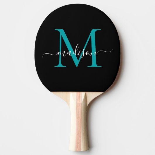 Raquette De Ping Pong Noir Turquoise Monogramme vert joli Nom du script (Devant)