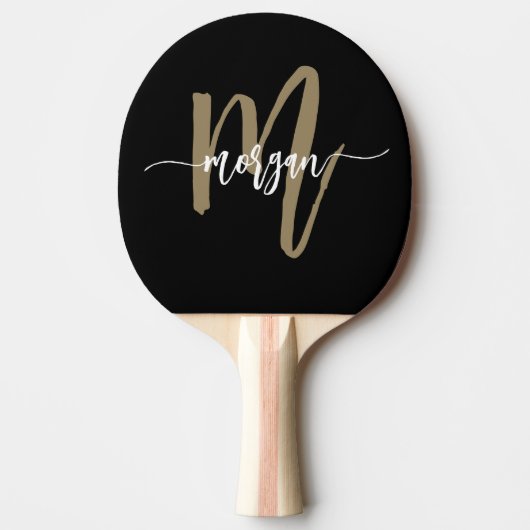Raquette De Ping Pong Nom du monogramme Black Gold Modern Script (Devant)