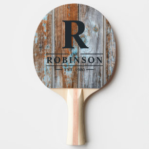 Raquette De Ping Pong Nom et initiale de famille en bois lavé bleu usé