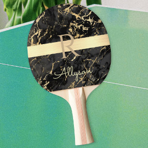 Raquette De Ping Pong Nom et monogramme DIY, barre dorée, marbre noir et