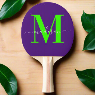 Raquette De Ping Pong Nom initial élégant Neon Green & Purple Script
