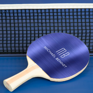 Raquette De Ping Pong Nom Monogramme Métallisé Bleu Élégant