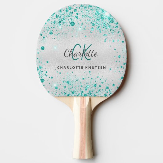 Raquette De Ping Pong Nom monogramme vert de parties scintillant turquoi (Dos)