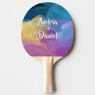 Raquette De Ping Pong Noms de couple en texte de pinceau blanc, art aqua