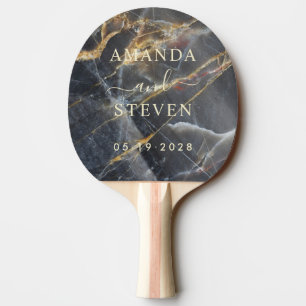 Raquette De Ping Pong Noms de couples Black Marble & Gold avec date de m