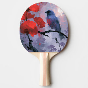 Raquette De Ping Pong Oiseau chanteur bleu avec fleurs rouges cerise