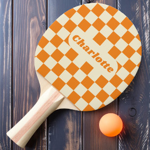 Raquette De Ping Pong Orange & Crème à Carreaux avec Nom