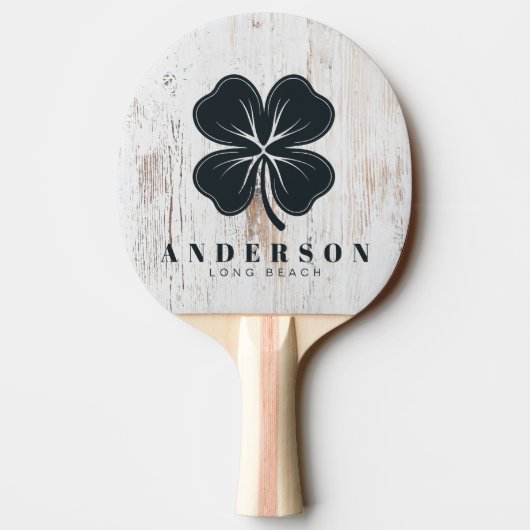 Raquette De Ping Pong Painted White Wood Four Leaf Clover with Name (Dos)