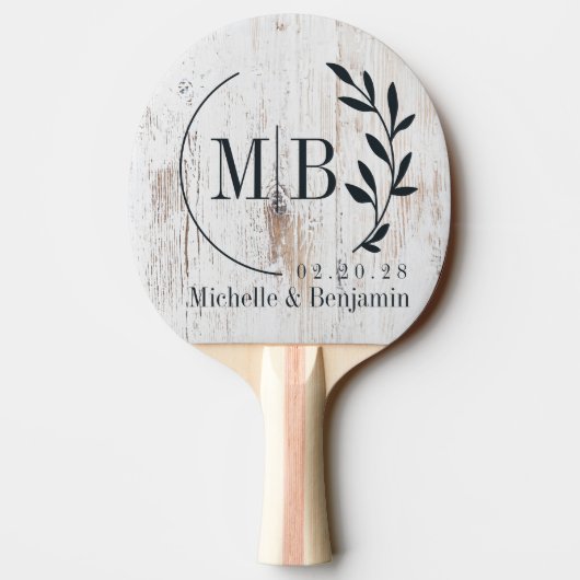 Raquette De Ping Pong Painted White Wood Leaf Wedding Monogram (Dos)