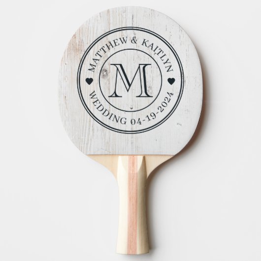 Raquette De Ping Pong Painted White Wood Wedding Monogram Heart (Devant)