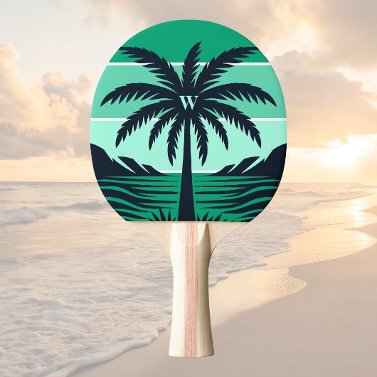 Raquette De Ping Pong Palm Tree Silhouette Black Striped Green Monogram