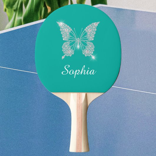 Raquette De Ping Pong Papillon Diamant Blanc Script Nom, sarcelle