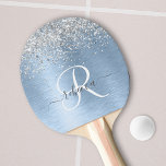 Raquette De Ping Pong Parties scintillant en argent brossé bleu Nom du m<br><div class="desc">Personnalisez facilement cette pagaie de ping-pong chic et branchée avec une jolie parties scintillant brillante en argent sur un arrière - plan métallique brossé bleu.</div>