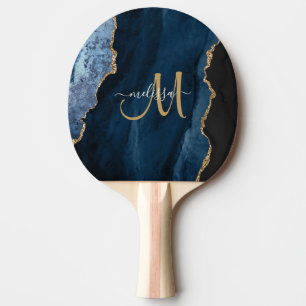 Raquette De Ping Pong Parties scintillant en or bleu chic Agate Monogram