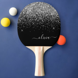 Raquette De Ping Pong Parties scintillant noire argent Script Monogramme