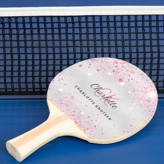 Raquette De Ping Pong Parties scintillant rose argent monogramme nom fil (Insitu)