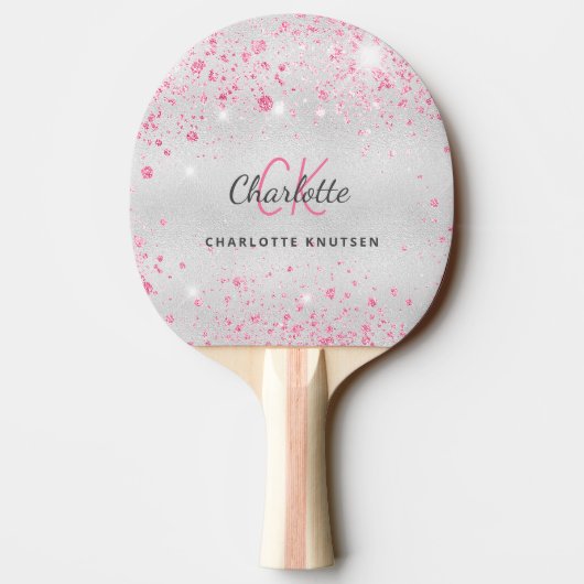 Raquette De Ping Pong Parties scintillant rose argent monogramme nom fil (Dos)