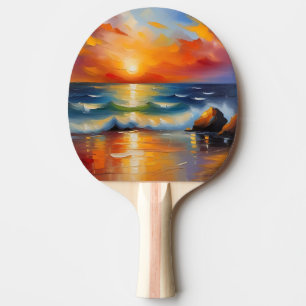 Raquette De Ping Pong Peinture à l'huile de couché de soleil orange sur