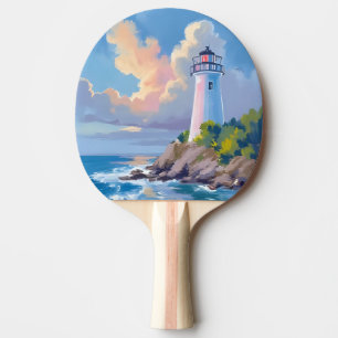 Raquette De Ping Pong Phare côtier   Mer aux vagues de l'océan bleu